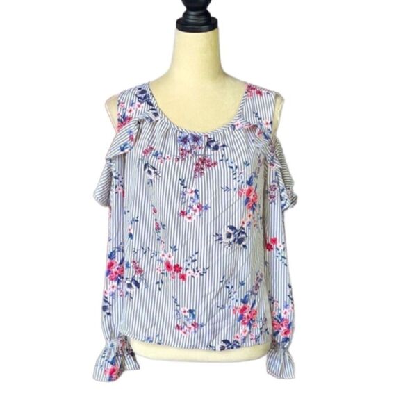 3/$20 Xhilaration Blue & White Striped Cold Shoulder Floral RuffleTop (Size: M) - Picture 1 of 12